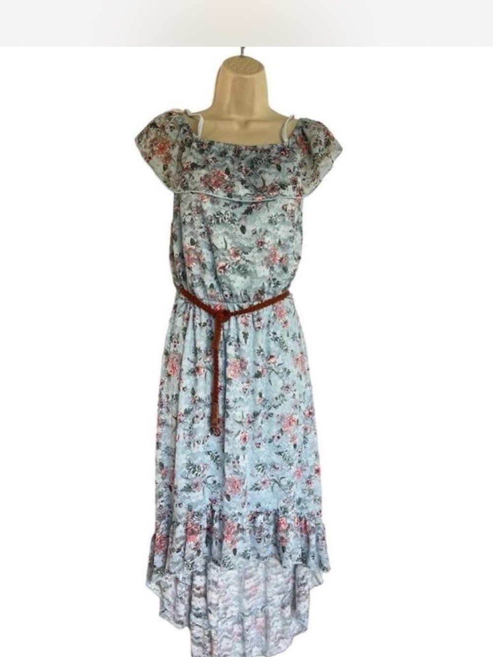 No Boundaries Light Blue Floral High-Low Maxi Dress with Braided Belt